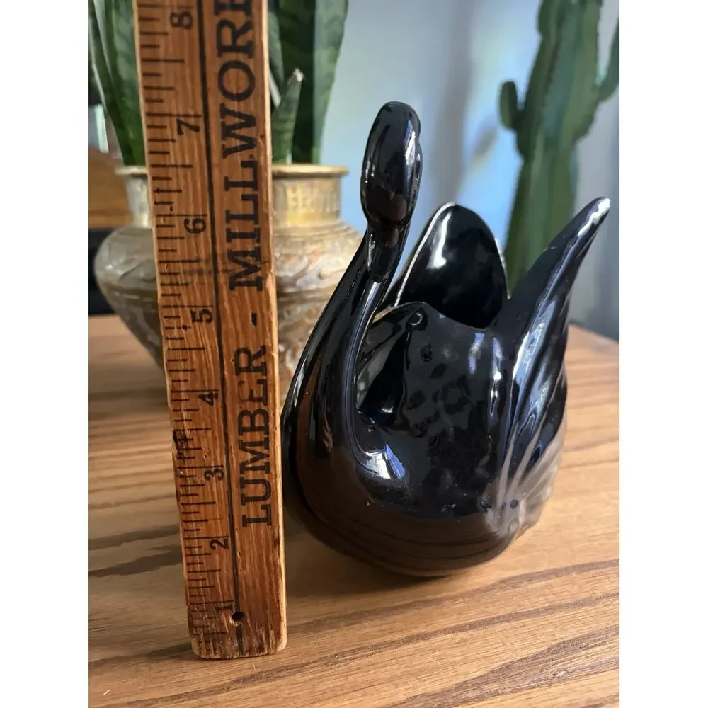Vintage Midcentury Black Ceramic Swan Planter Black Swan Vase